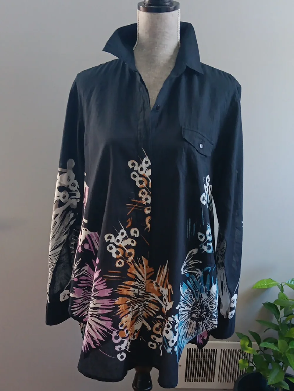 Woman's Black With Floral Design Oversized Coverup - Size M
